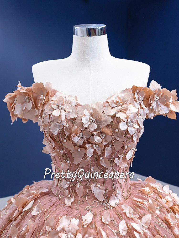 Floral Rose Gold Glitter Tulle Off the Shoulder Quinceanera Dress