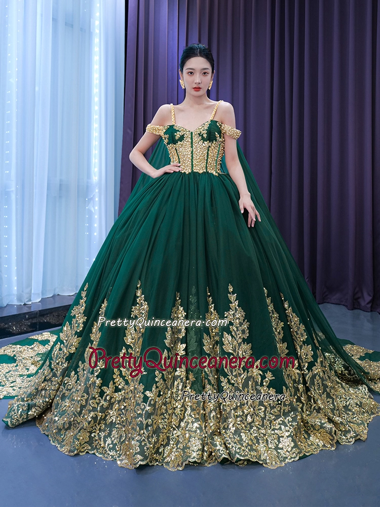 High Waist See Through Bodice Emerald Green and Gold Quinceanera Dress with Cape