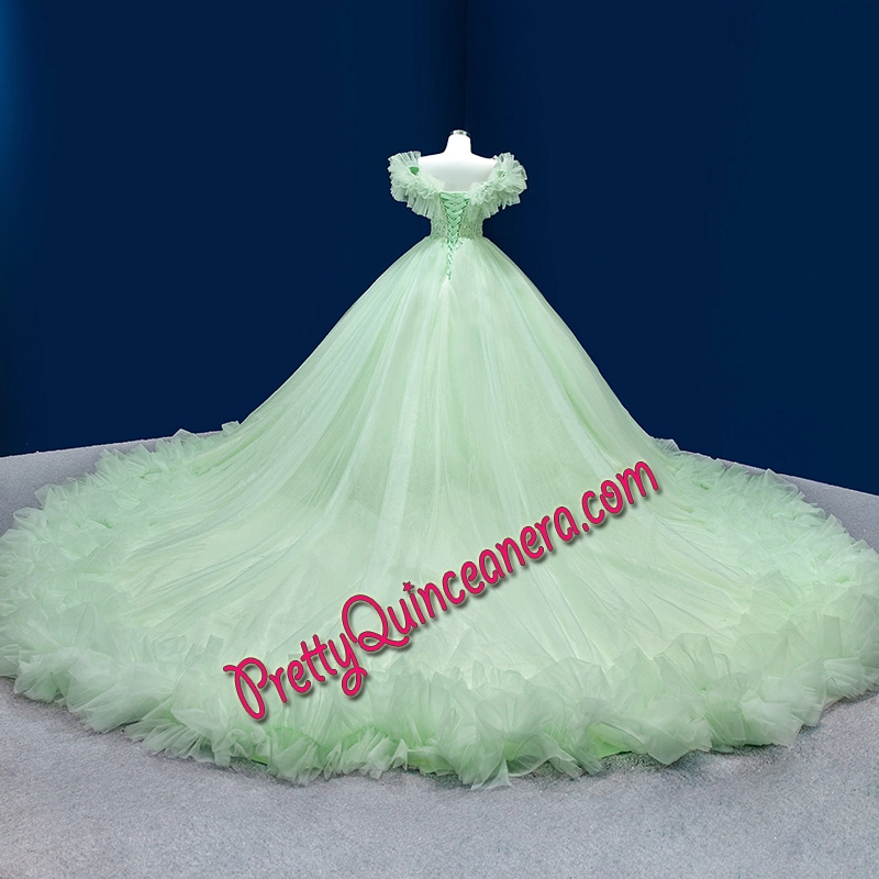 Lime Green Short Sleeves Deep-v Puffy Quinceanera Dress with Long Train