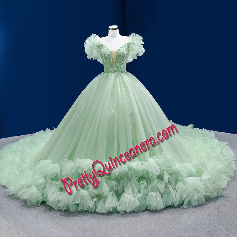 Lime Green Short Sleeves Deep-v Puffy Quinceanera Dress with Long Train