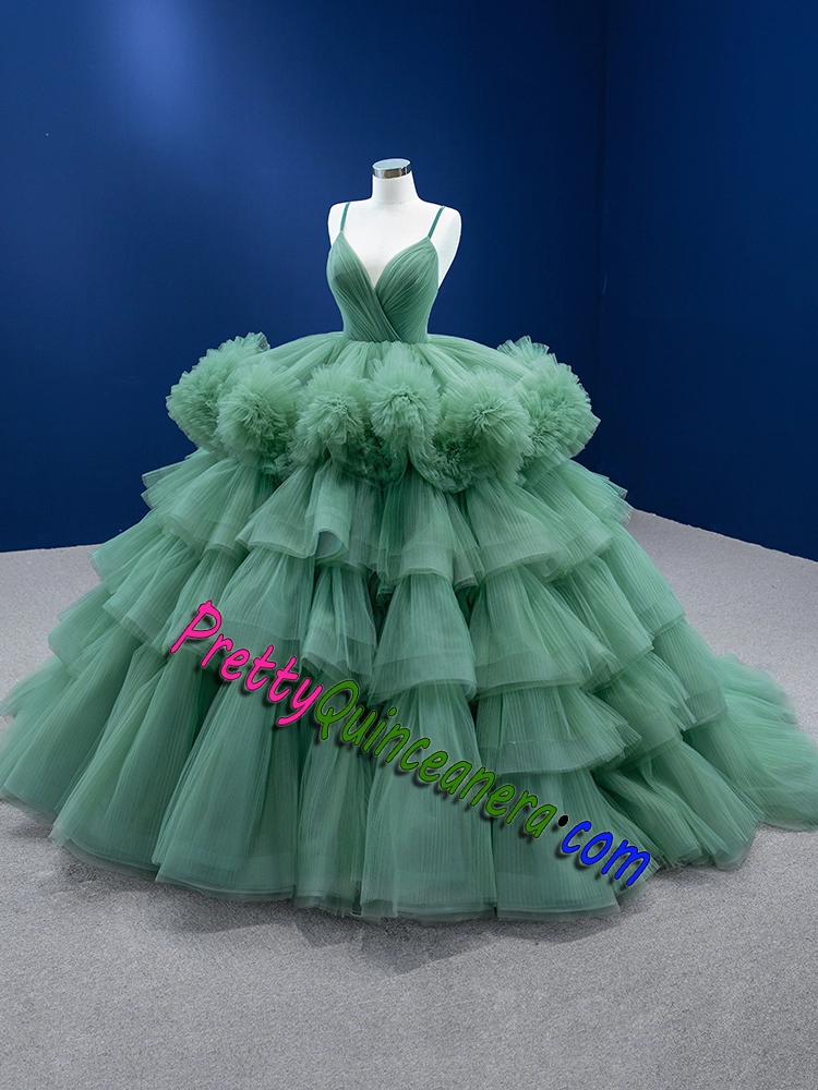 Sage Tulle Layers Big Puffy Quinceanera Dress with Short Train