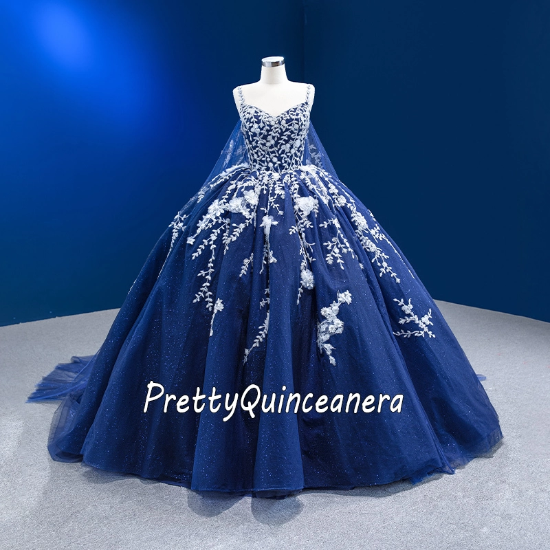 Sparkly Royal Blue Glitter Tulle and Ivory Sequins Quinceanera Dress with Cape