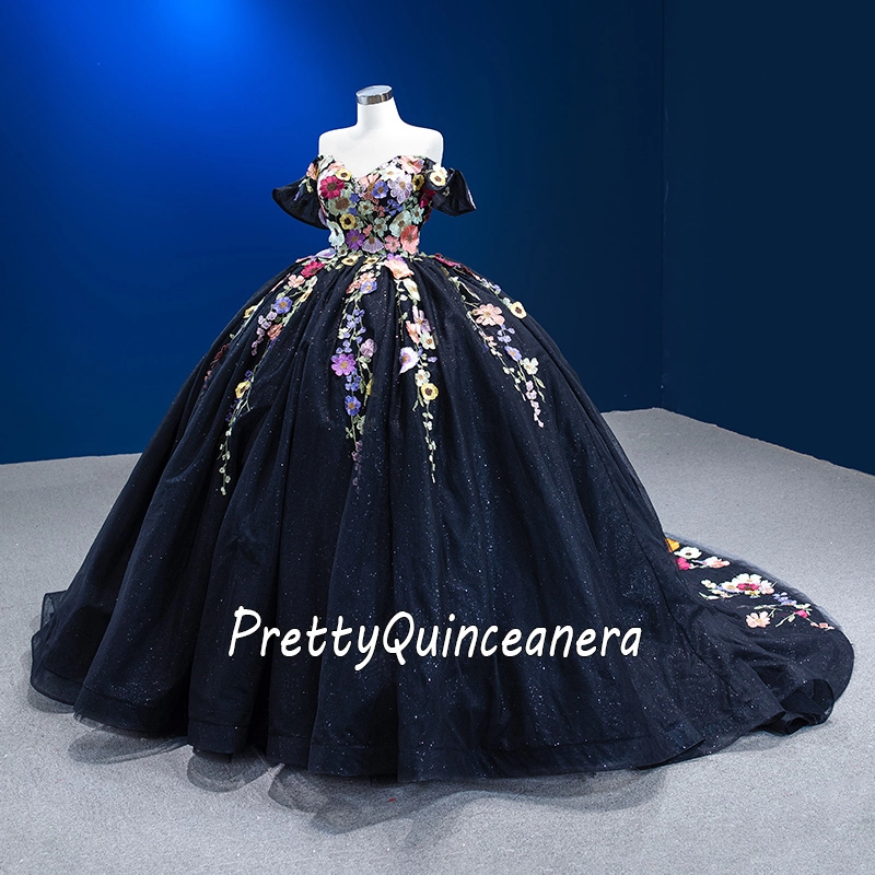 Sparkly Black Charro Quinceanera Dress with Colorful Flowers