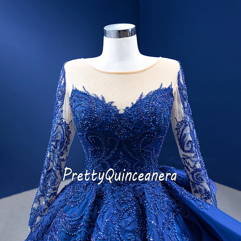 Royal Blue Puffy Skirt Satin Quinceanera Dress with Long Sleeves