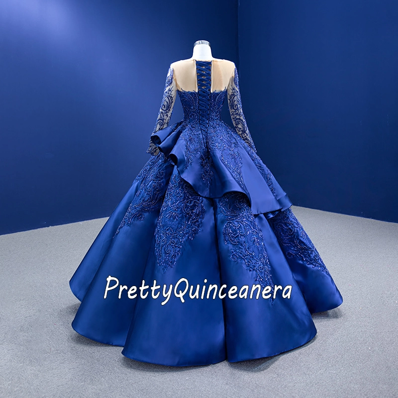 Royal Blue Puffy Skirt Satin Quinceanera Dress with Long Sleeves