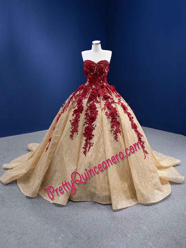 Gold Glitter Tulle Quinceanera Dress with Dark Red Appliques and 3D Flowers
