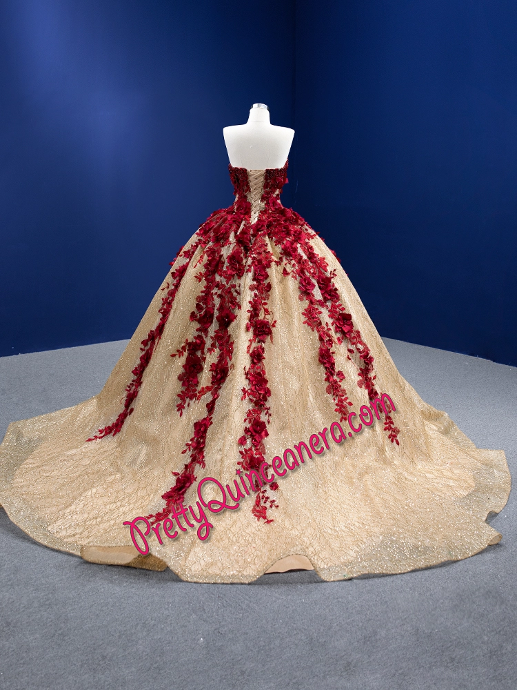 Gold Glitter Tulle Quinceanera Dress with Dark Red Appliques and 3D Flowers