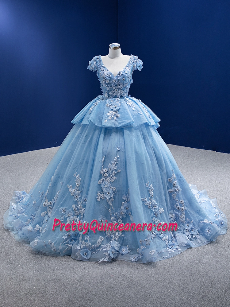 Sky Blue Two Layers V-neck Short Sleeve Floral Quinceanera Dress