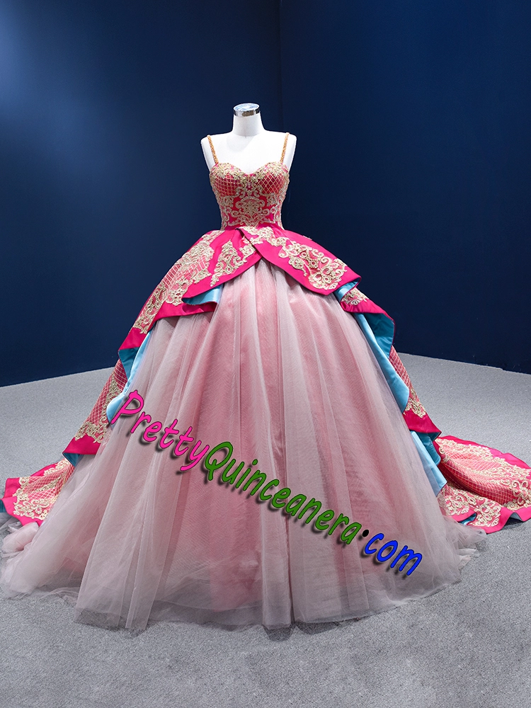 Elegant Hot Pink and Blue Quinceanera Dress with Gold Lace Appliques