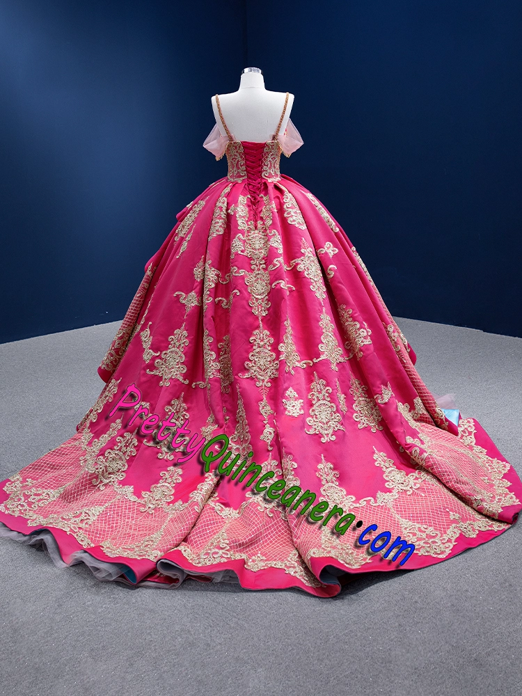 Elegant Hot Pink and Blue Quinceanera Dress with Gold Lace Appliques