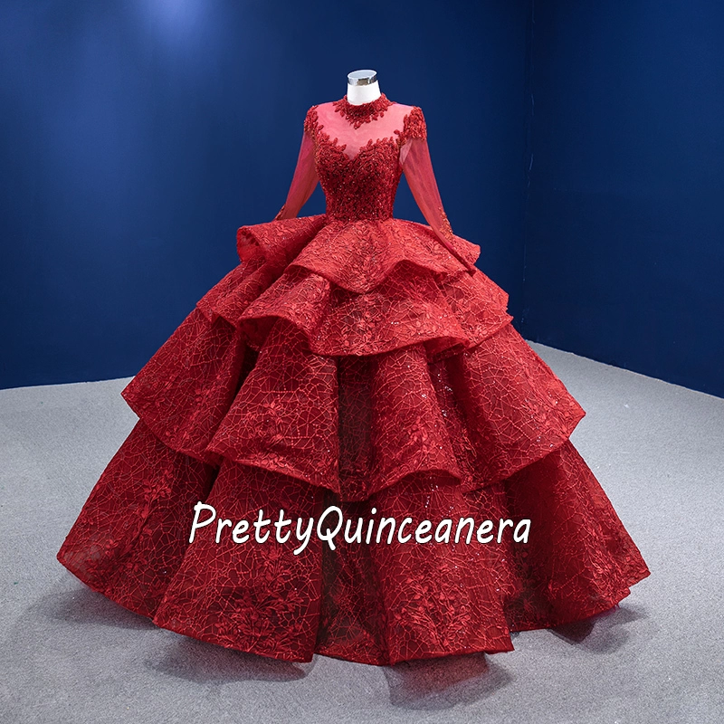 Wine Red Net Lace Four Layers High Neck Long Sleeve Quinceanera Dress