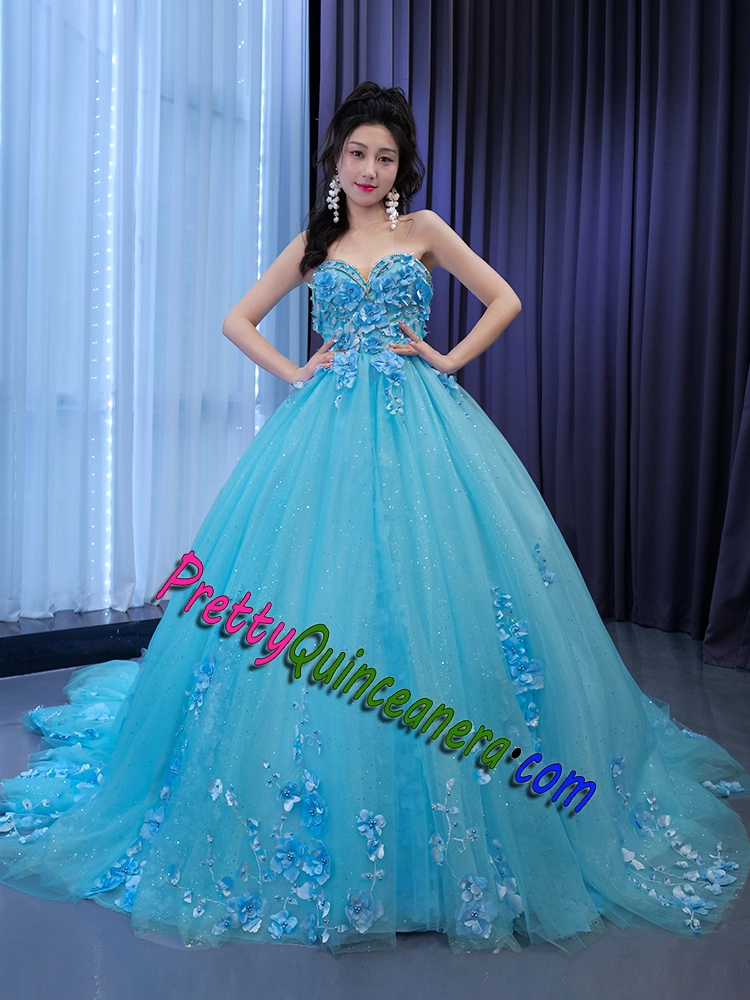 Aqua Colored Sweetheart 3D Flowers Quinceanera Dress with Train