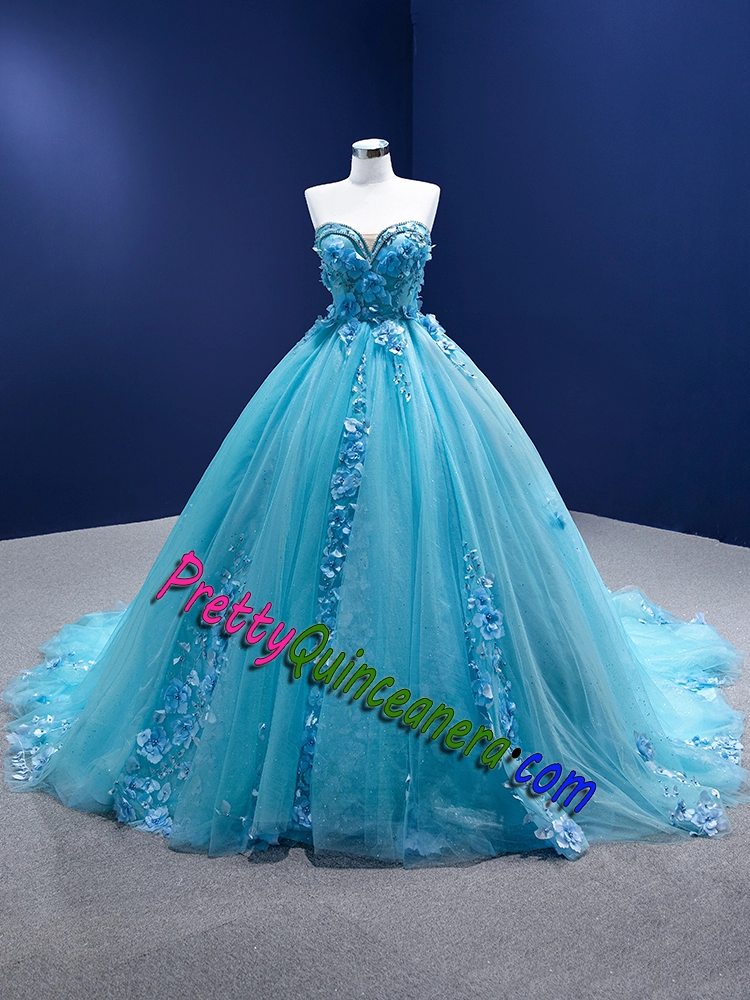 Aqua Colored Sweetheart 3D Flowers Quinceanera Dress with Train