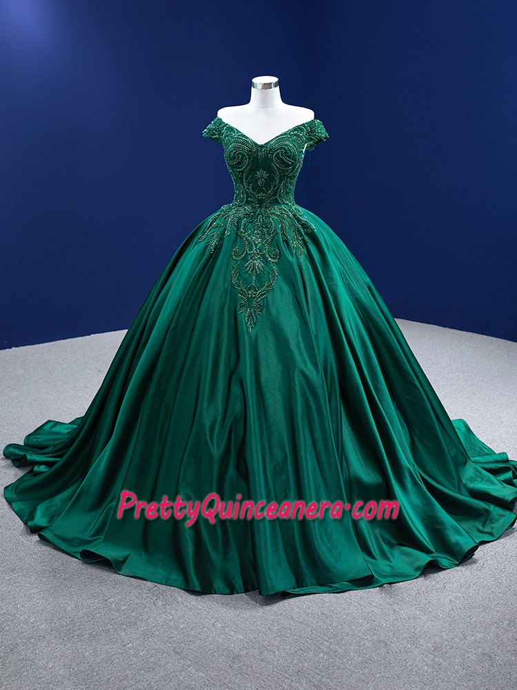 Beaded Emerald Green Satin Quinceanera Dress with Train For Sale