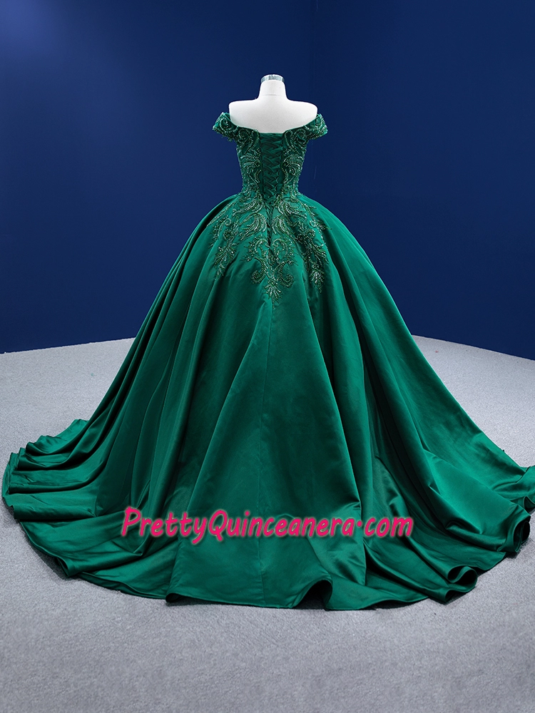 Beaded Emerald Green Satin Quinceanera Dress with Train For Sale