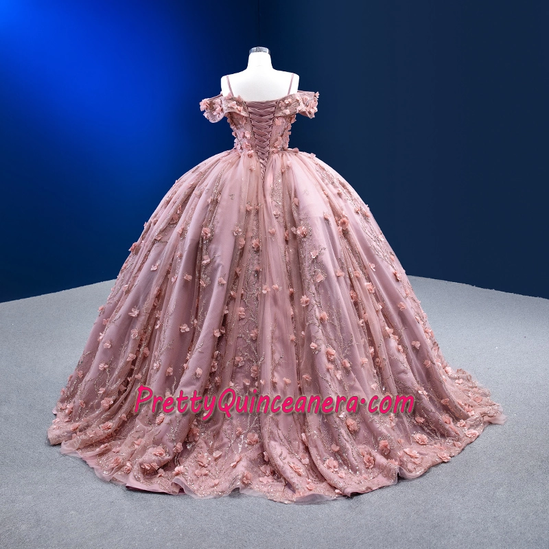 Rose Gold Glitter Tulle Off the Shoulder 3D Flowers Quinceanera Dress
