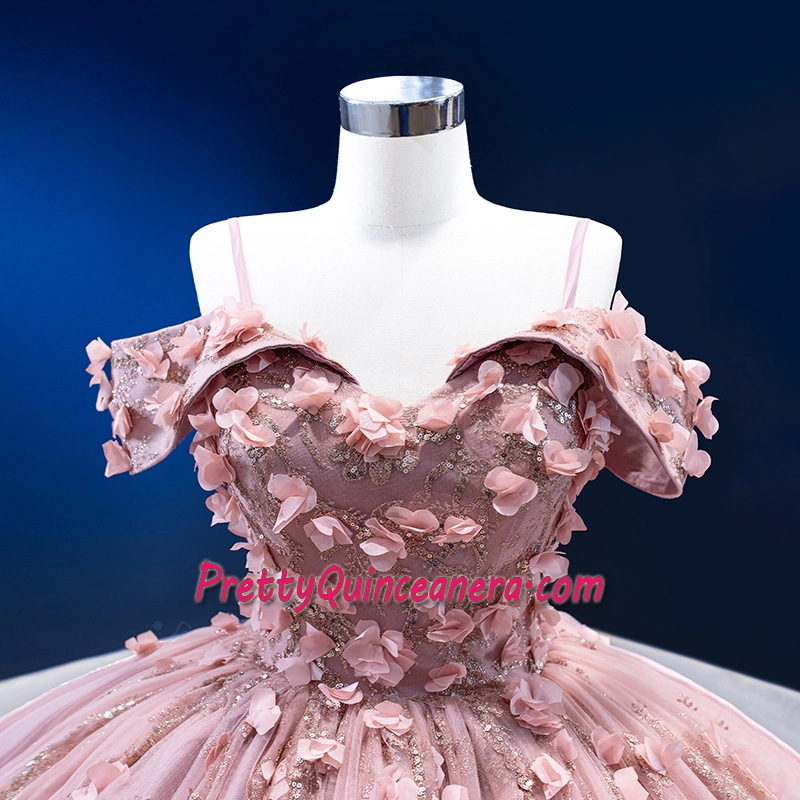 Rose Gold Glitter Tulle Off the Shoulder 3D Flowers Quinceanera Dress