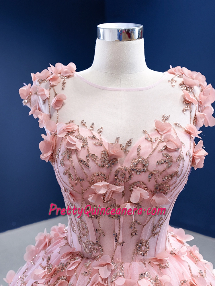 Cheap Sparkly 3D Floral Flowers Rose Gold Quinceanera Dress Custom Tailor