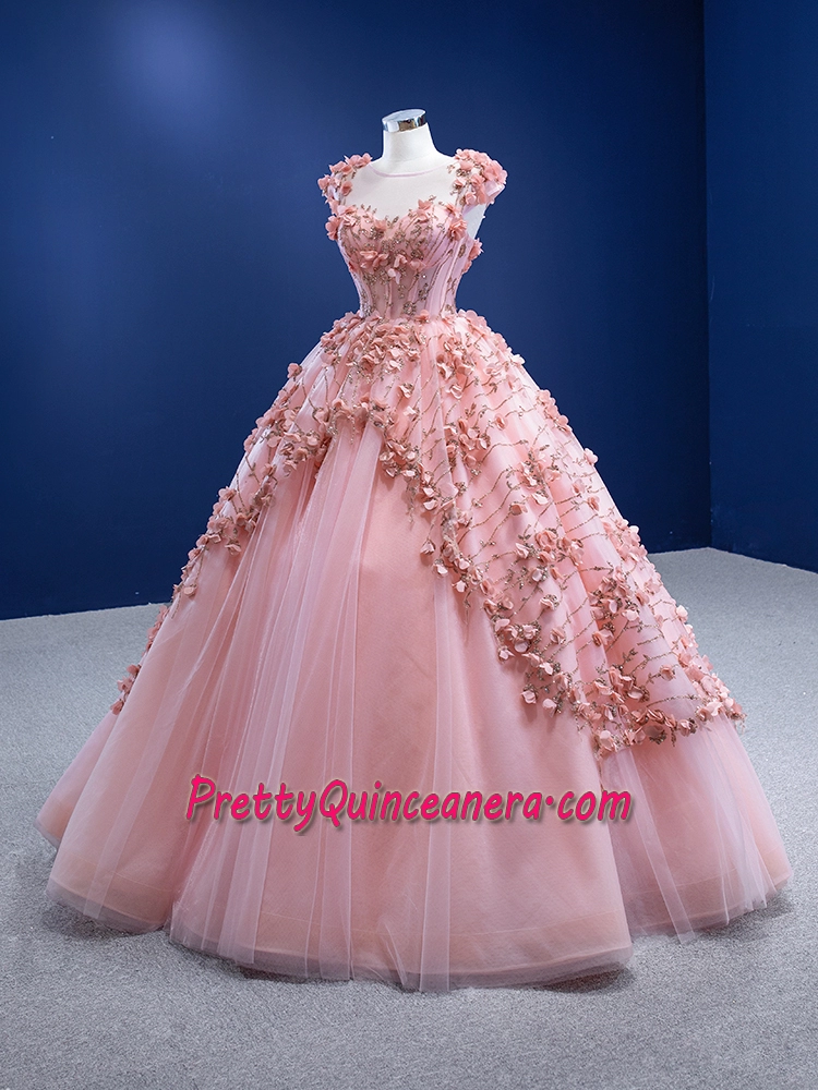 Cheap Sparkly 3D Floral Flowers Rose Gold Quinceanera Dress Custom Tailor